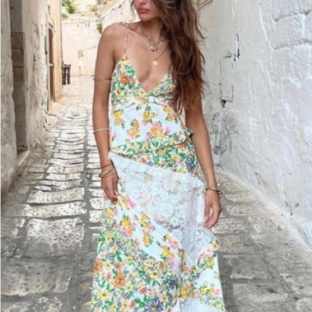 Green and Blue Tiered Maxi Sundress with Plunge Neckline